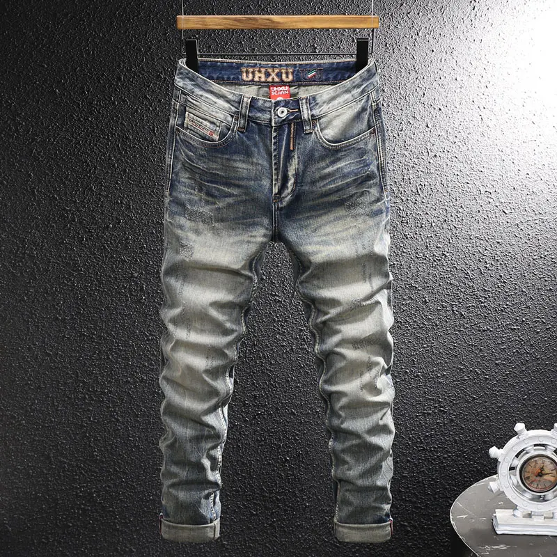 

Street Designer Fashion Men Jeans High Quality Retro Washed Blue Straight Ripped Jeans Men Y2K Vintage Denim Pants Hombre