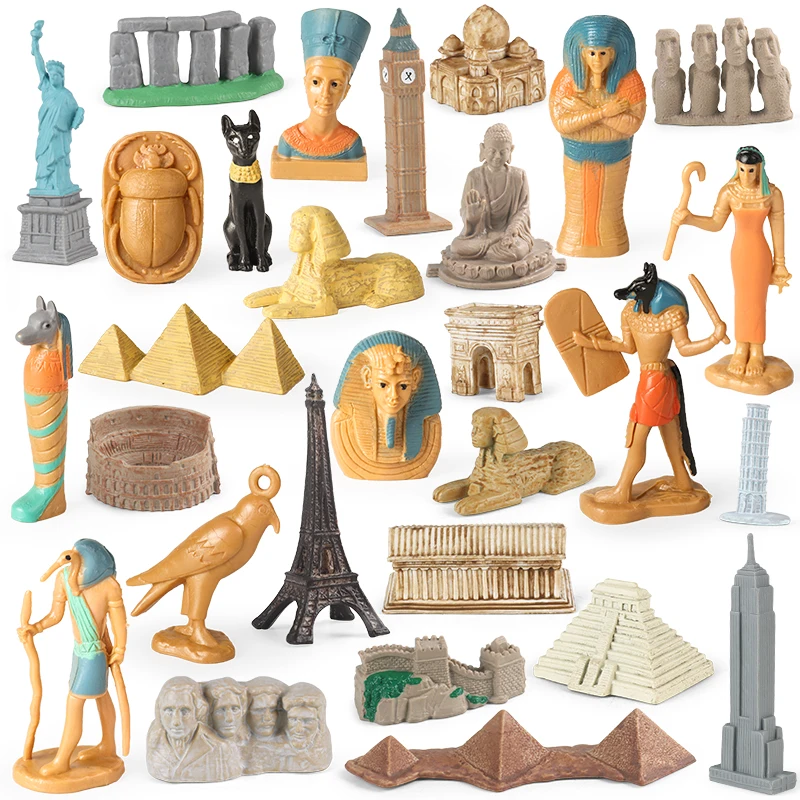 

Oenux 29pcs Ancient Egyptian Mummy Box Sphinx Pyramid Bastet Taj Mahal Landmark Great Wall Colosseum Model Action Figure Toy