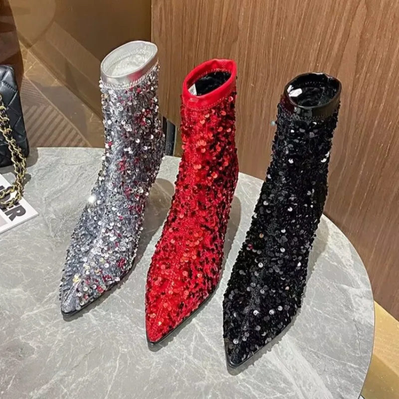 Luxury Glitter Ankle Boots Women High Heel Bling Sexy Pointed Toe Shoes Woman 2024 Trend Elegant Party Dress Chelsea Botas Mujer