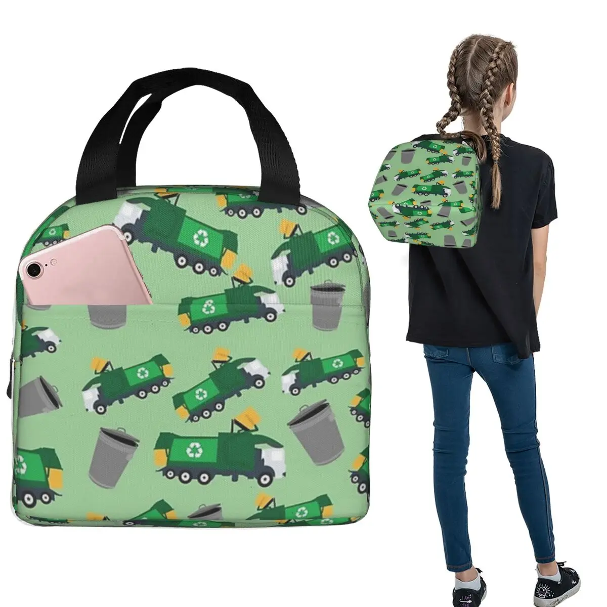 Recycling Garbage Truck Pattern Insulated Lunch Bag for Women Children Portable Food Boxes Thermal Lunch Box Tote