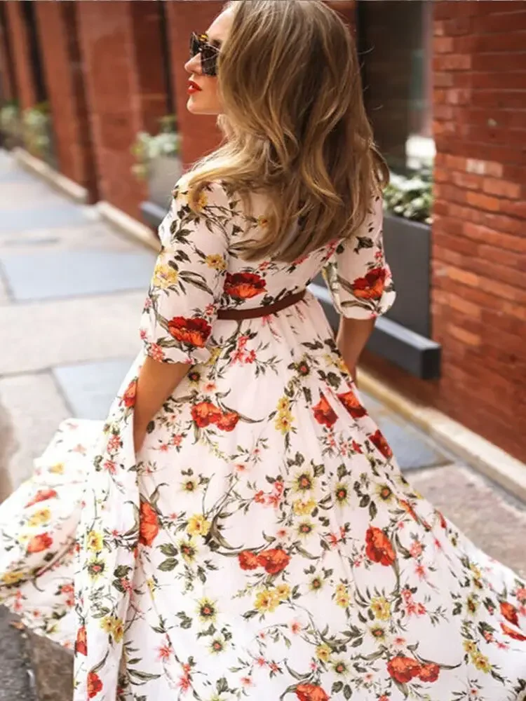 Spring Elegant Floral Print Maxi Dress Women Casual 3/4 Sleeves O-neck Slim Boho Party Long Dresses Robe Femme Beltless