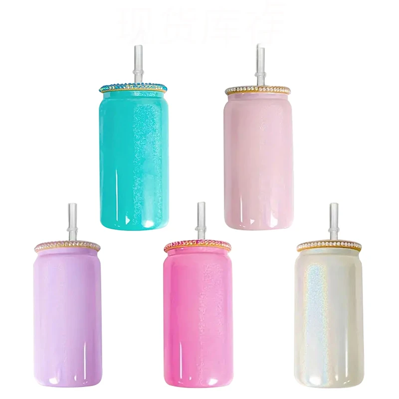 

16oz Glass Water Bottle Sparkling Rhinestone Bamboo Wooden Lid Beer Can Milk Mocha With Straw Household Drinking Mug Mason jar