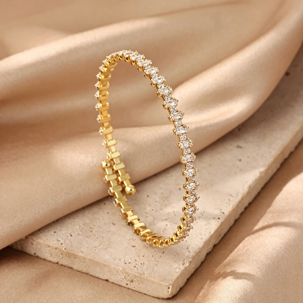 Geometric Square Zircon Bangles for Women 18K Gold Color Open Cuff Bangle Bracelet Femme Fashion Jewelry Gifts for All Occasions