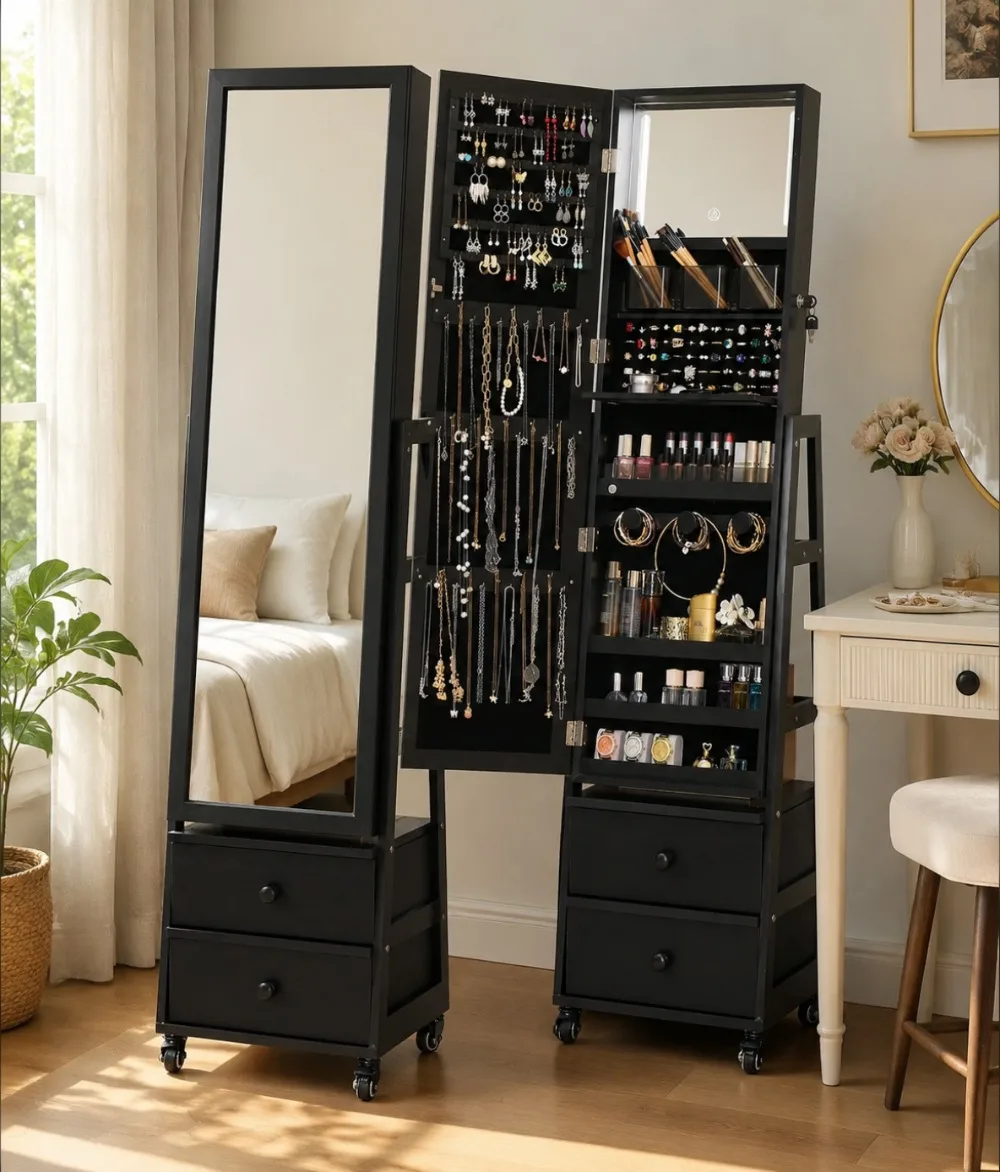 Full Length Mirror Jewelry Armoire - Abschließbarer Schmuckschrank mit Ganzkörperspiegel und Schublade,