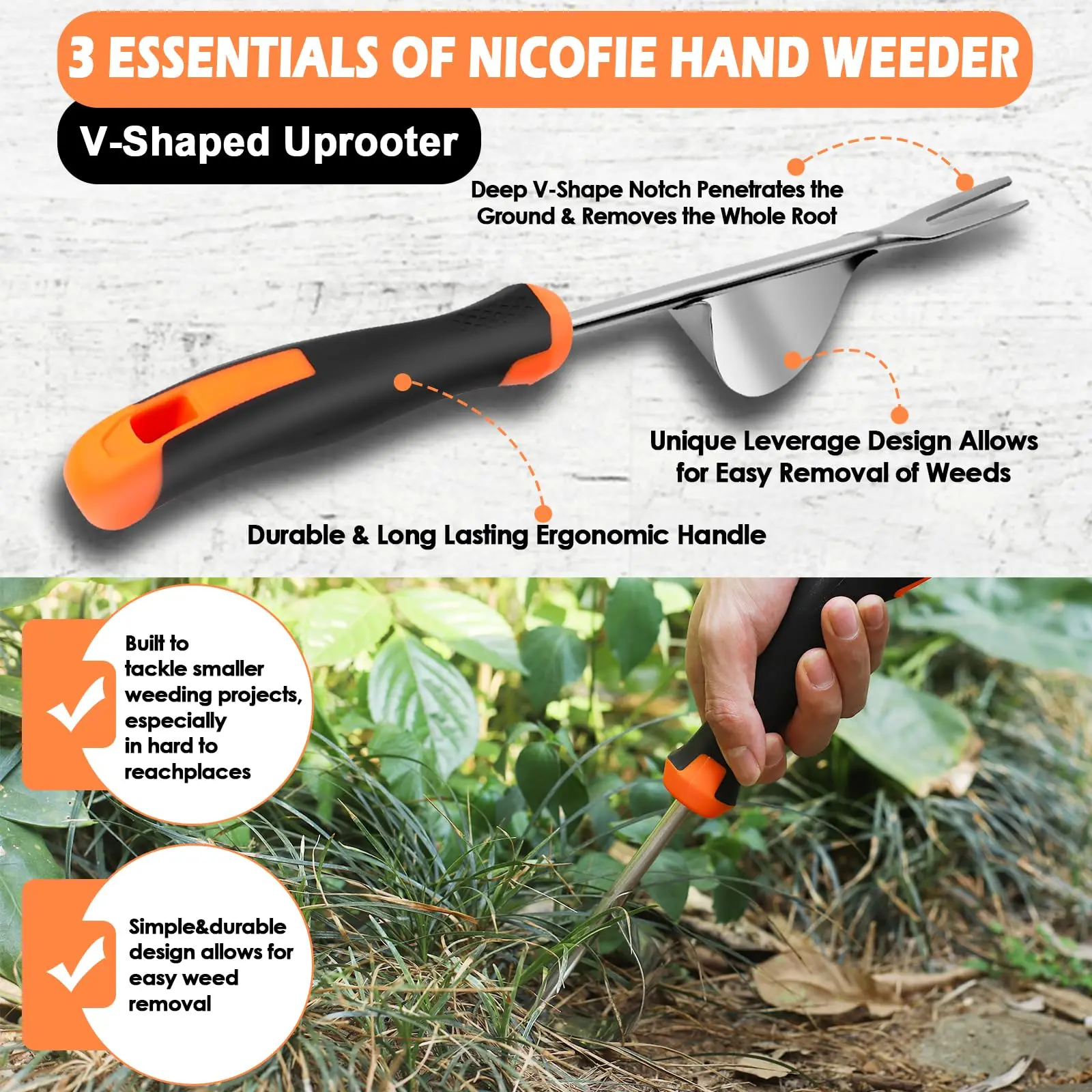 3 PCS Hand Weeder Tool, Rubber Handle Manual Weeder Puller Tool, Uprooting Weeding Tools, Crack Weeder Crevice, 4 Teeth Weeding