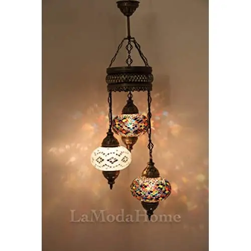 LaModaHome 35 + Unique Colors, 2020 Customizable Chandelier 3 Globes + Free 3 Bulbs, stunning Mosaic Turkish Lamp Moroccan Light