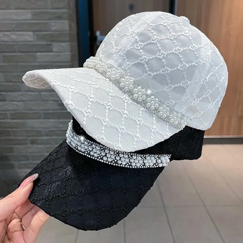 Women\'s Summer Fashion Sweet Mesh Breathable Sunscreen Shading Baseball Cap Rhinestone Pearl Elegant Sun Hat Street Rebound Cap