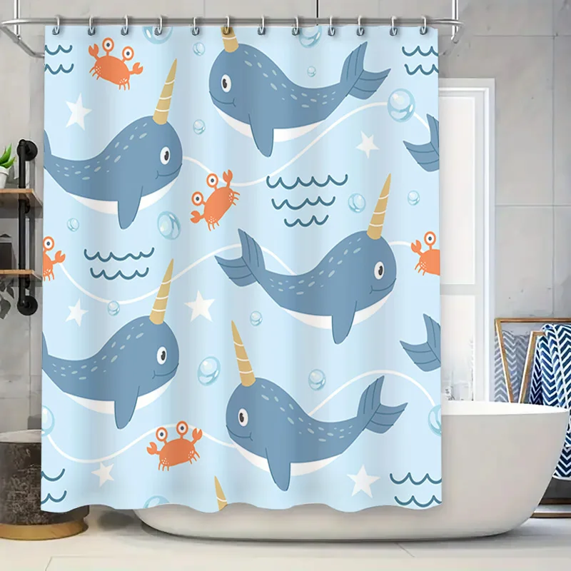 

Whimsical Dolphin Unicorn Shower Curtain for Kids Bathrooms Blue Waterproof Fabric with Crab Bubble Print 180x240cm 71 x 95, Whi