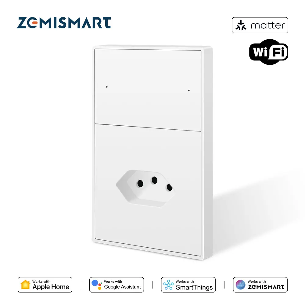 Zemismart Matter WiFi Smart Brazil Socket 2 Gangs Light Push Switches with 10A Outlet Work with Home SmartThing Google Home APP