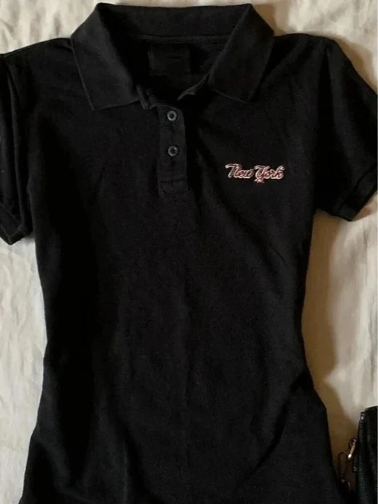 

HOUZHOU Y2k Black Vintage Women's T-Shirts Harajuku Letter Print Short Sleeve American Style Polo Collar Tees Slim Gyaru Summer