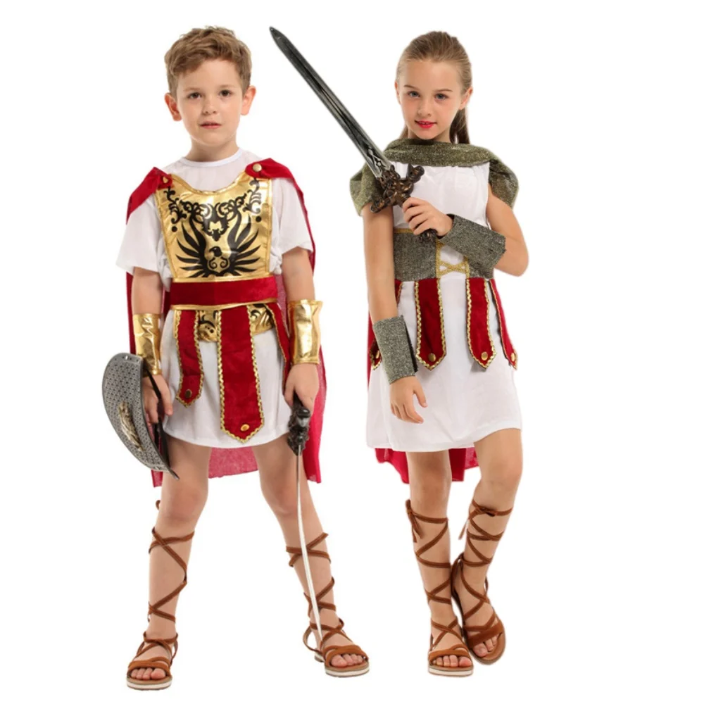 

Children's Roman Warrior Role Playing Costume Festival Party Stage Performance Costume Male and Female Warrior Cloak Set