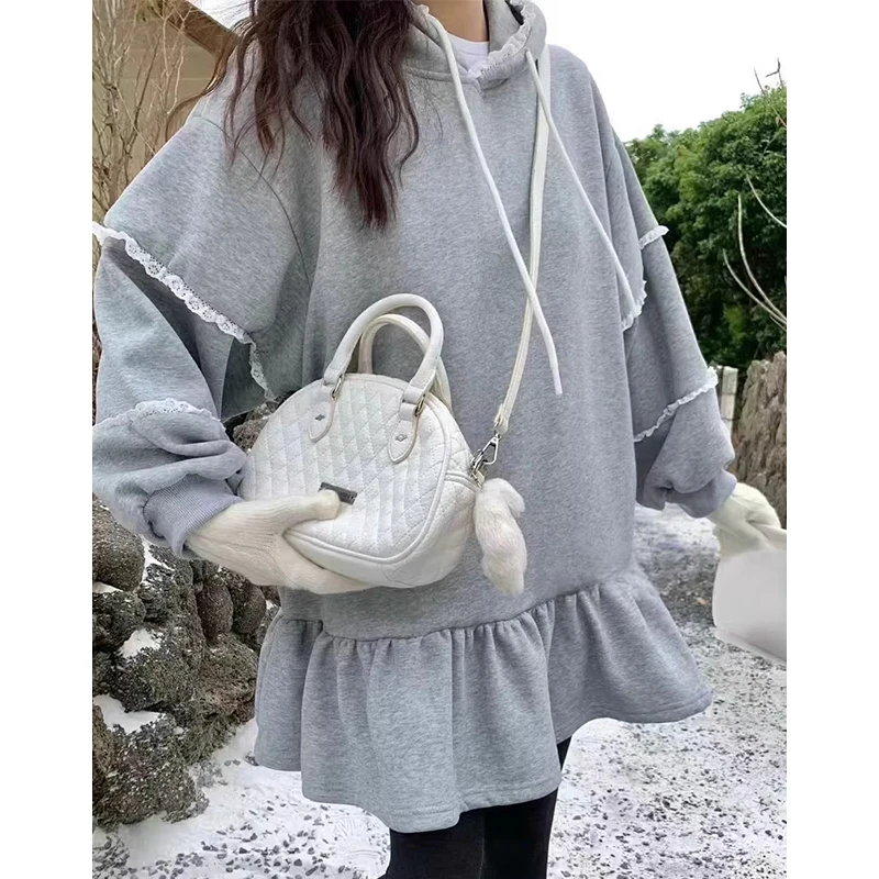 Korea Chic Autumn Winter Temperament Lace Embellishment Splicing Ruffled Long-sleeved Hooded Sweater Dress Female