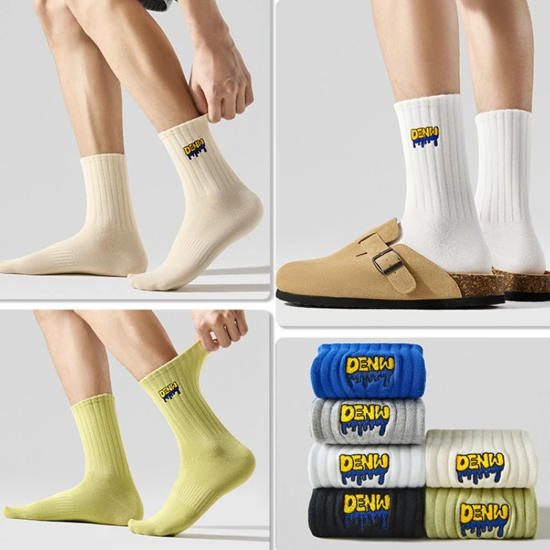 

6 Pairs Spring and Autumn Sports All Cotton Antibacterial and Odorous Youth Cotton Socks Large Size Letter Men's Middle Socks