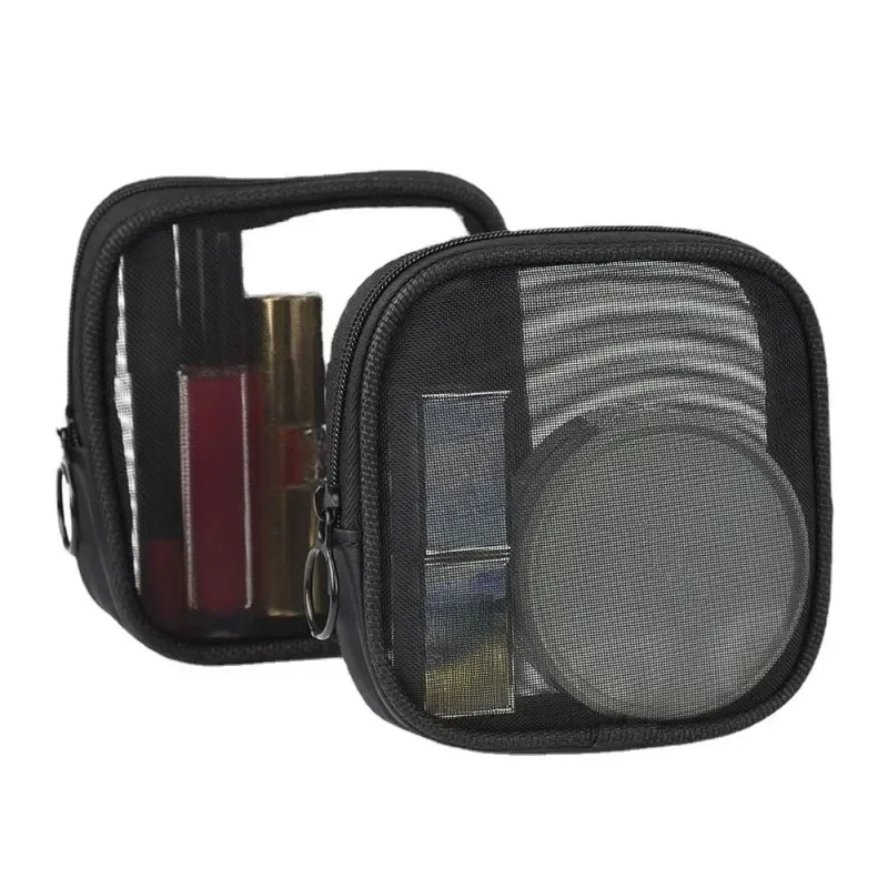 Black Small Cosmetic Bag Nylon Transparent Mesh Makeup Organizer Zipper Data Cable Earphone Lipstick Card Coin Storage Bag Pouch