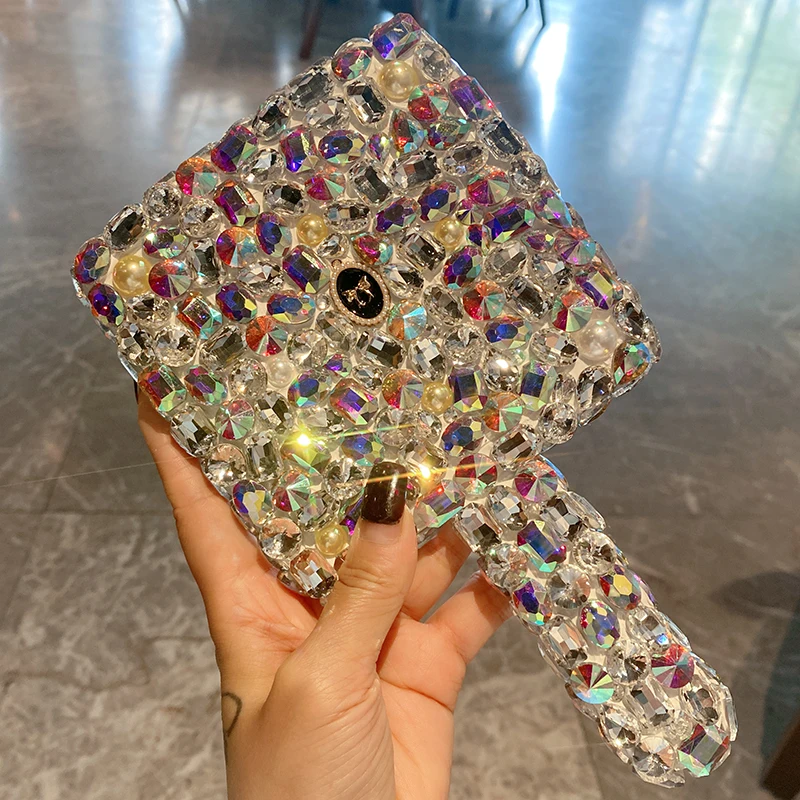 

Handheld Makeup Mirror for Women Girls Portable Inlaid Large Rhinestones Beauty Mirror High Definition Make Up Tools