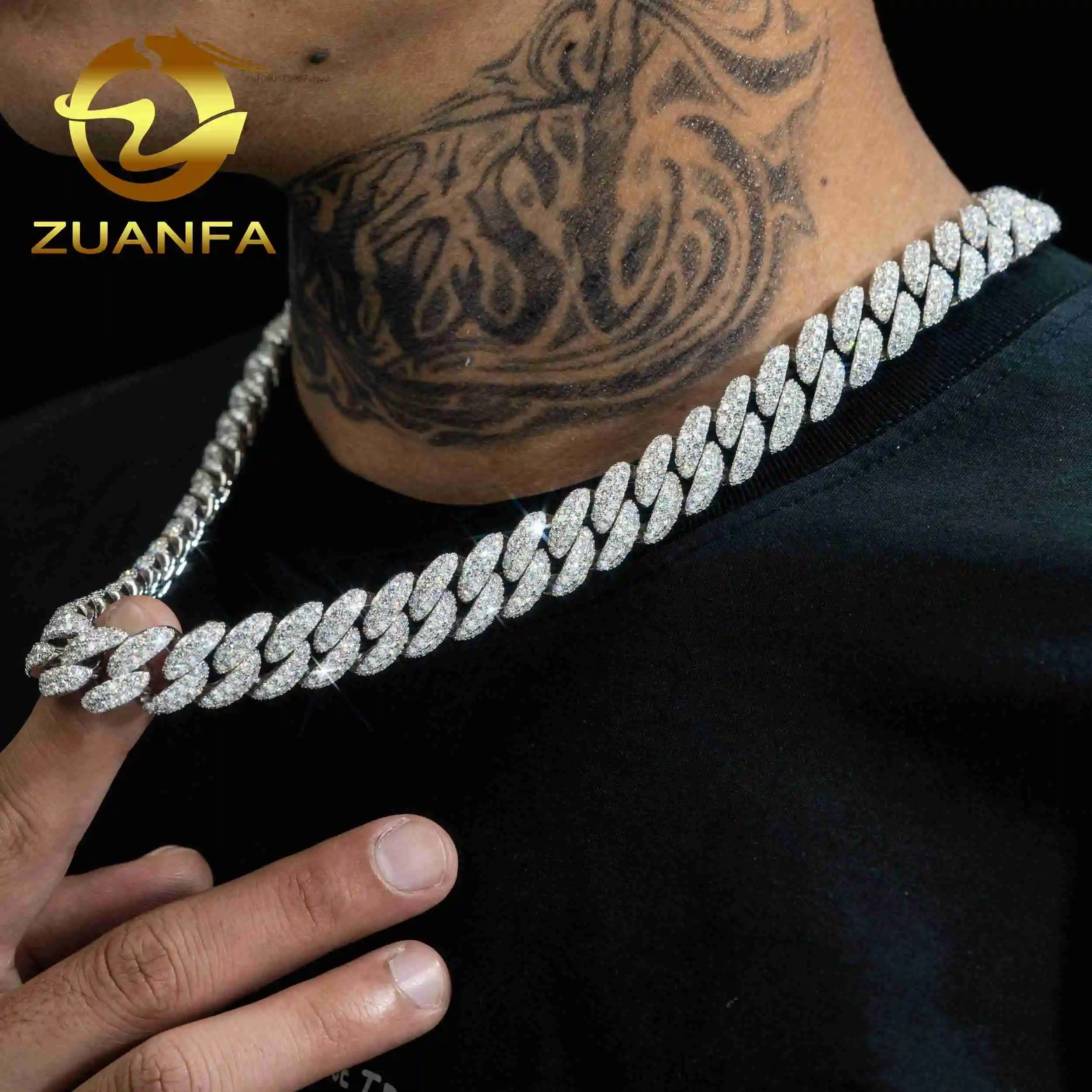 Luxury Wholesale 925 Sterling Silver Jewelry 15mm Custom Necklace Iced Out Cuban Link VVS Moissanite Diamond Cuban Link Chain.