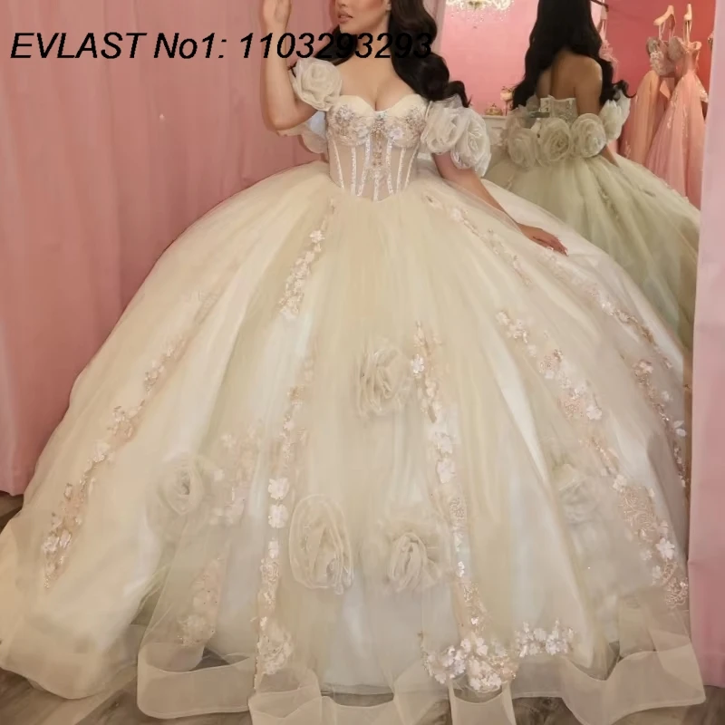 

EVLAST Customized Shiny Champagne Ball Gown Quinceanera Dress Floral Applique Beaded Corset Sweet 16 Vestidos De 15 Anos E1QN134