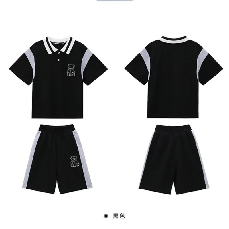 

Summer Clothes Set Children Boy Lapel Cartoon Bear T-shirts and Shorts 2pc Suit Teenage Fashion Polo Top Bottom Hip Hop Outfits