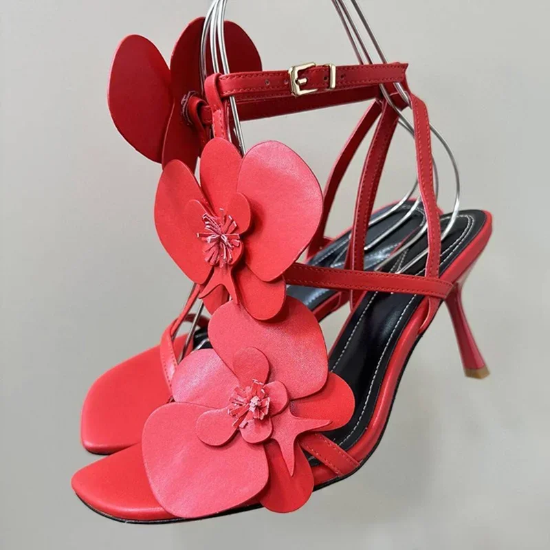 Summer Genuine Leather Flower Decor Thin High Heels Sandals Women Open Toe Ankle Strap Gladiator Sandalias Party Dress Shoes