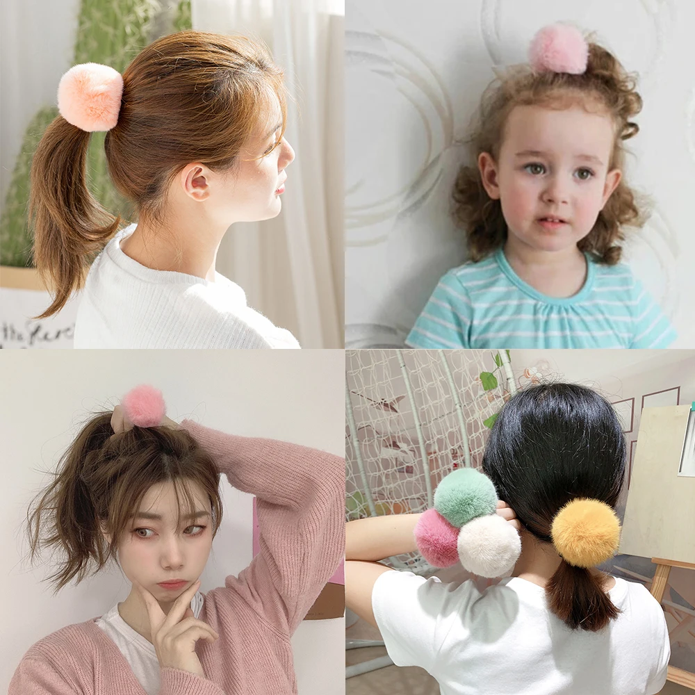 2Pcs/Lot Cute Hairball Hair Band Girls Colorful Pompom Elastic Rubber Scrunchie Fashion Kids Headband Hair Accessories Wholesale