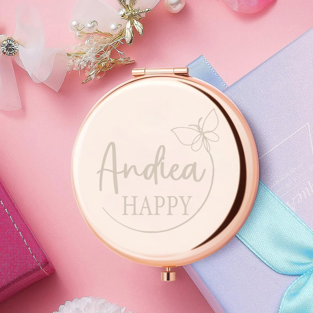1pc Creative happy butterfly Custom Name Folding Mirror Makeup Mirror Pocket Mirror Round Circle Mirror Party Gift