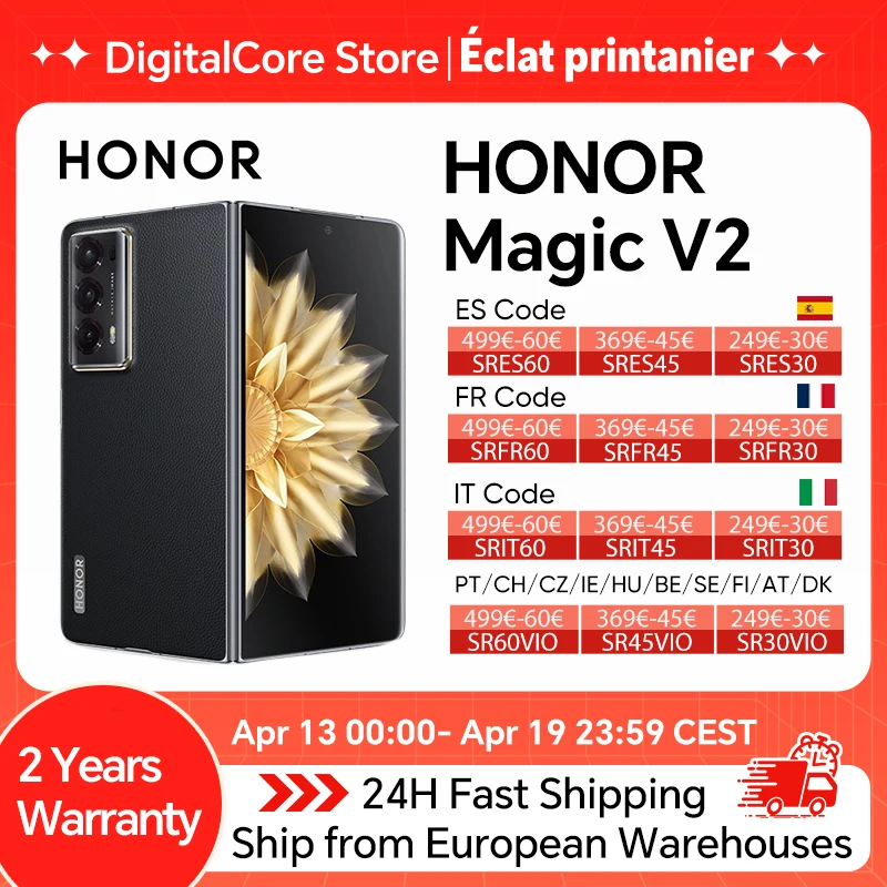 Smartphone pliable Honor Magic V2 version globale 5G, Snapdragon 8 Gen2, écran OLED LTPO 120 Hz, triple appareil photo 50 MP, Android