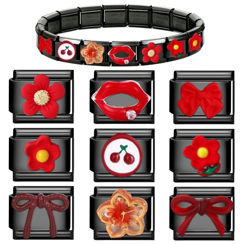 2025 New Original Black Red Stars Love Heart Bows Flower Italian Charm Link fit 9mm Stainless Steel Jewelry DIY Making Bracelets image 4