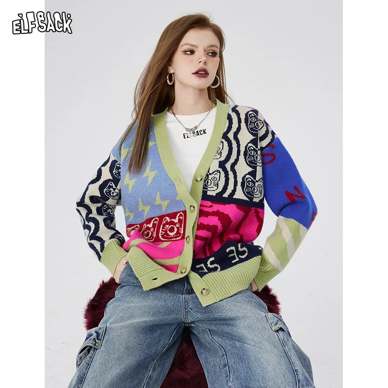 ELFSACK Harajuku Cardigan Women 2024 Spring new Retro Long Sleeve Knitwears Patch Colors