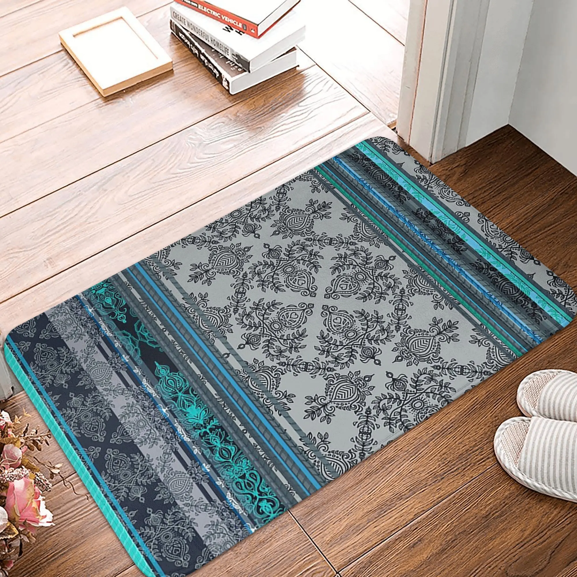 Teal, Aqua and Grey Vintage Bohemian Wallpaper Anti-slip Doormat Floor Mat for Kitchen Entrance Home Living room Footpad Mats