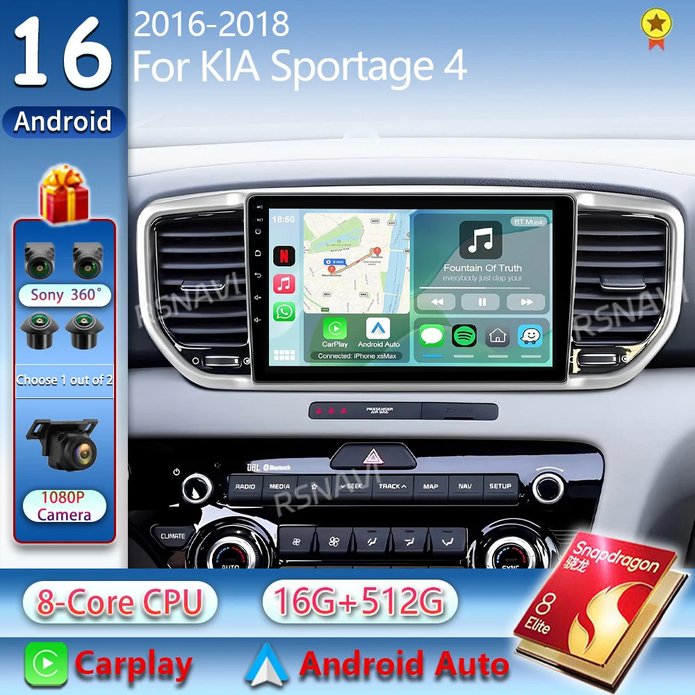 Android 16 Auto-Multimedia-Radio für KIA Sportage 4 2016 2017 2018 2019 Kabelloses Carplay Android Auto Qualcomm Autoradio 4G Wifi