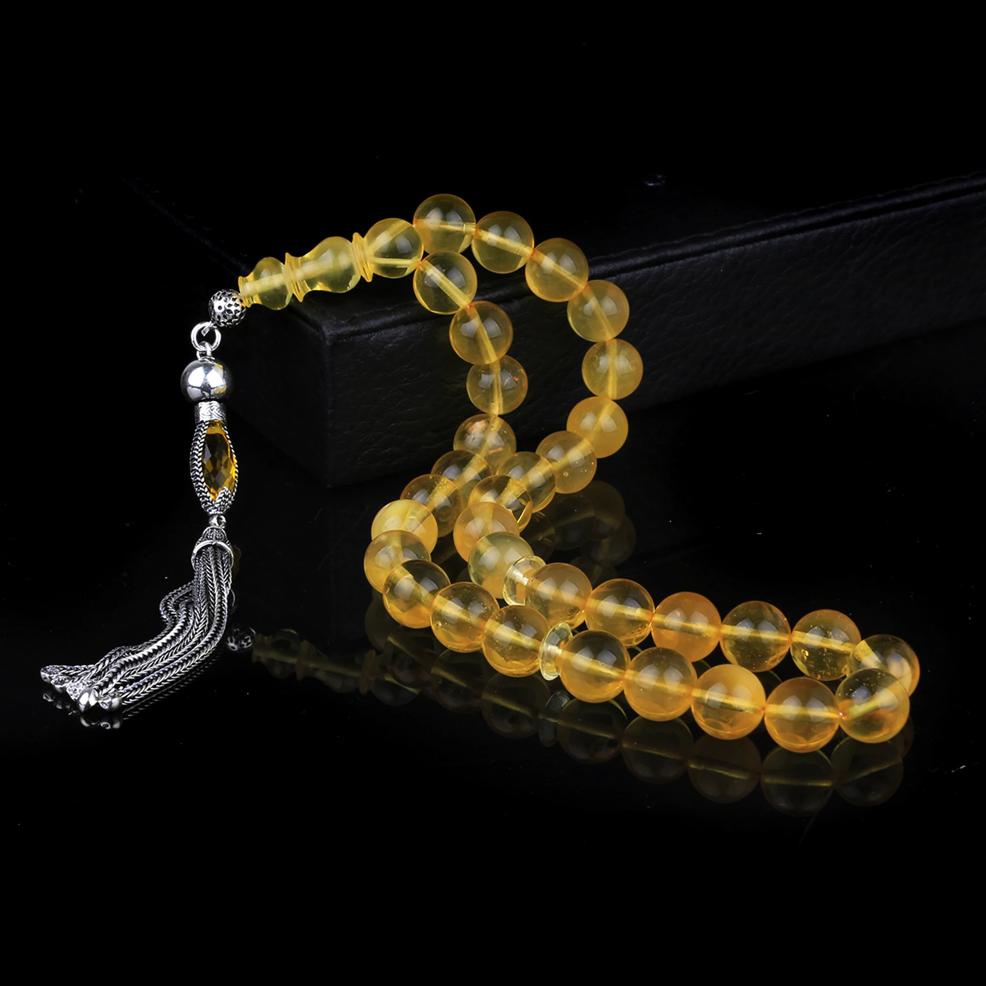 Pukka 925 Sterling Silver Tassel Transparent Color Drop Amber Stone 33 Beads For Men Rosary High quality Handmade Tasbih Namaz Muslim Misbah Turkish Style Bracelet Accessory Beaded Gift