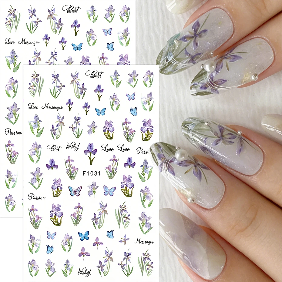 2 Stück Aquarell-Iris-Blumen-Nagelaufkleber, lila, floral, blau, Schmetterling, Nagelaufkleber, Aufkleber für Frühling und Sommer, Maniküre-Dekorationen