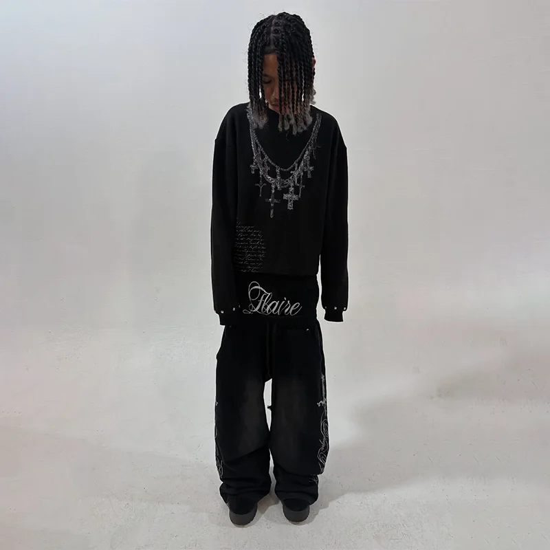 Y2K ريترو فاسق السراويل الفضة السيف رسالة الجرافيك طباعة القوطية مزدوجة الخصر Sweatpants أزياء الرجال النساء فضفاضة عارضة الشارع الشهير #5