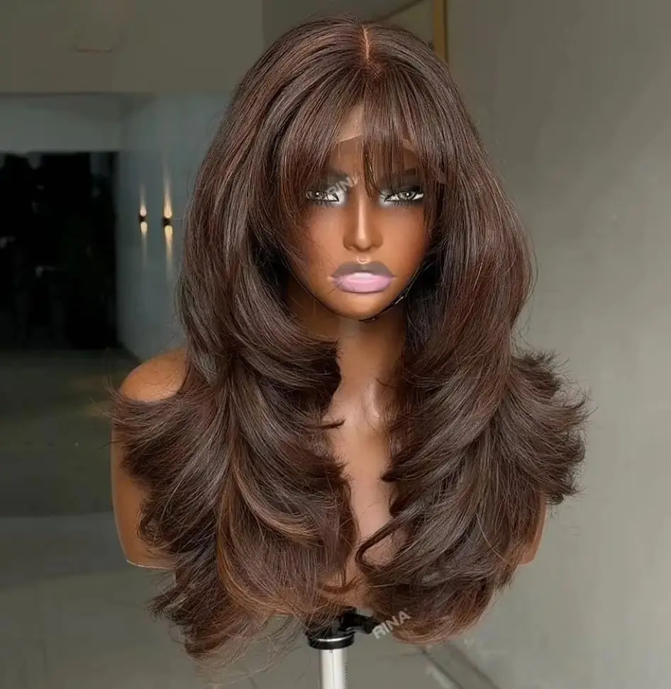 Dark Brown Color 13X4 Hd Lace Frontal Wigs With Bangs For Fashion Women 200 Density Body Wave 13X4 Lace Front Wigs Synthetic Wig
