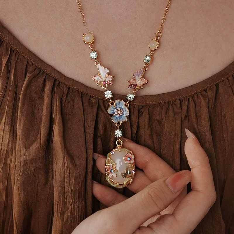 Vintage glazed butterfly flower necklace, medieval pink green stone sweater, long necklace
