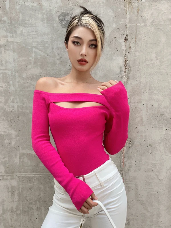 

Sexy Hollow out One oulder Long Sve Knitted Bodysuit Women's Autumn Winter Design Slimming oulder Bared Base irt