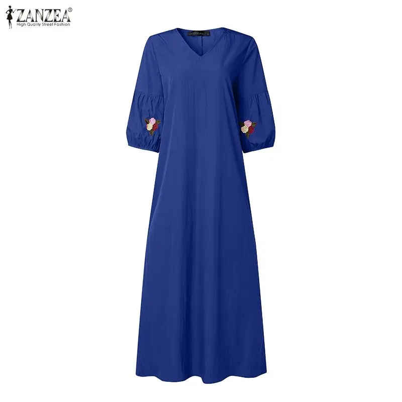 Vestido largo informal holgado de talla grande para mujer, cuello en V, mangas 3/4, vestidos florales bordados, ZANZEA, Vestidos de verano 5XL