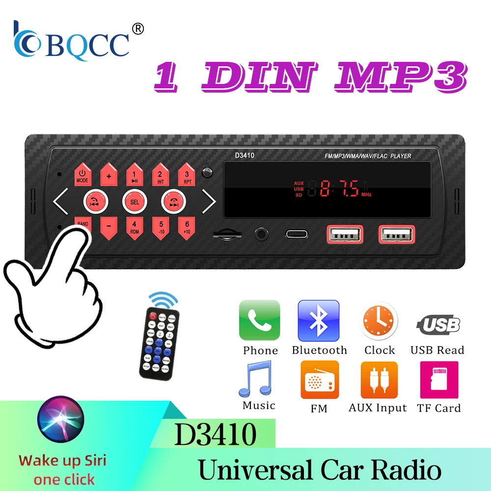 Radio para Auto BQCC 1DIN con Bluetooth, FM, USB, TF, AUX, Teclas Táctiles, Pantalla de Hora, Protección de Cableado, Reproductor de Audio para Auto