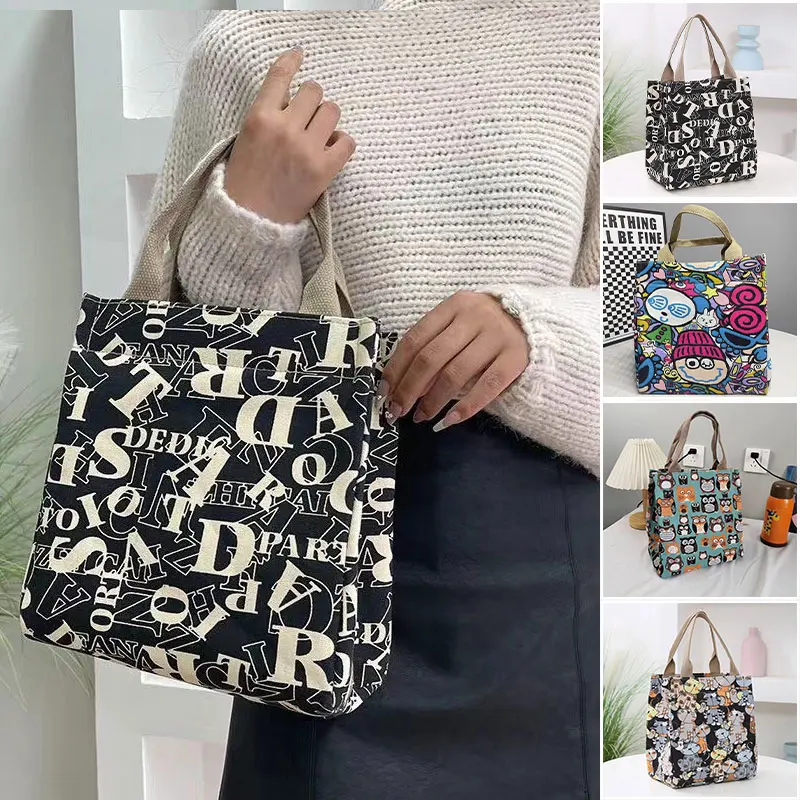 Fashionable Canvas Handbag Bring Food to Work Carry Lunch Bag Go Out for Commuting Keep Warm and Fresh Lunch Box Bag