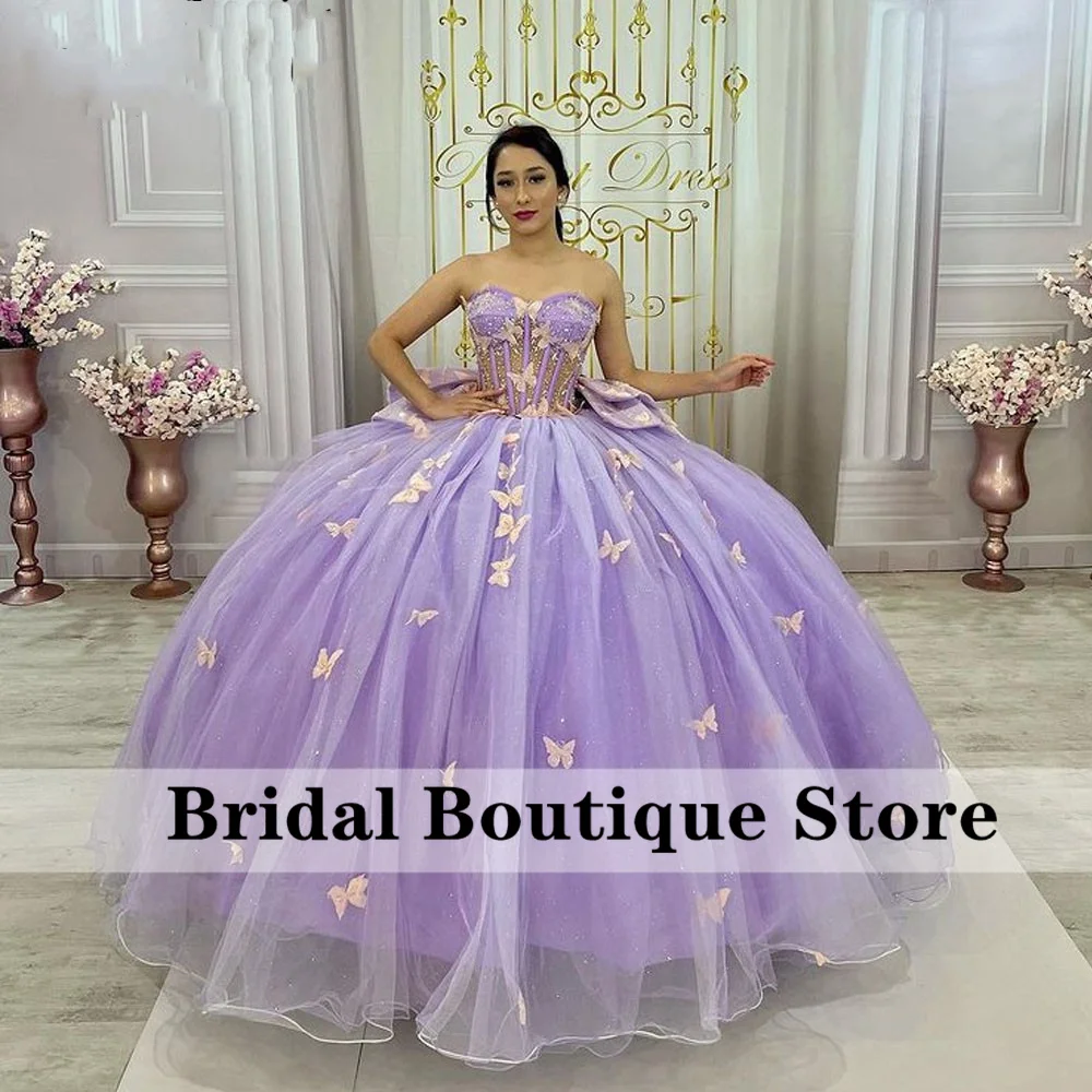 Mexican Lilac Princess Ball Gown Quinceañera Dresses With Bow Appliques Beads Birthday Party For 15th Girls Customized