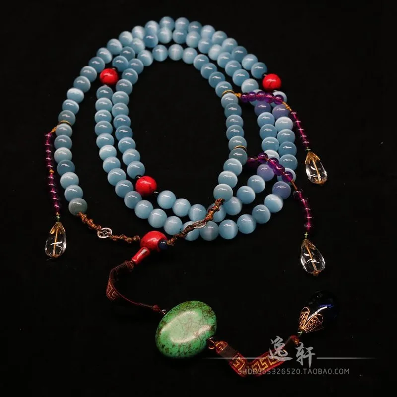 Antique Ming And Qing Dynasty Old'S Eye Stone Turquoise Bead Necklace 108 Beads Neck Ornament