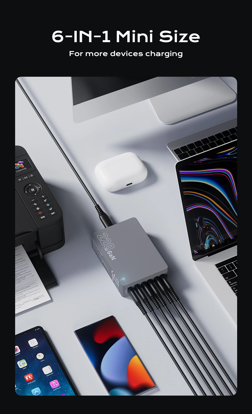 220 W GaN Desktop-Ladegerät 6-Ports PD 100 W USB Typ C QC 3.0 Schnellladestation für IPhone 16 Pro Tablet MacBook Samsung Laptop – Detail 6