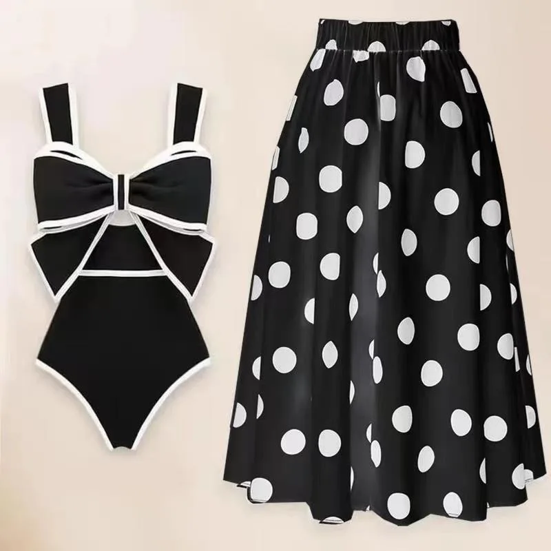 2024 New Bow Tie One Piece Swimsuit For Women Swimwear with Skirt Bathing Suit Monokini Beach Bodysuit Beach Wear