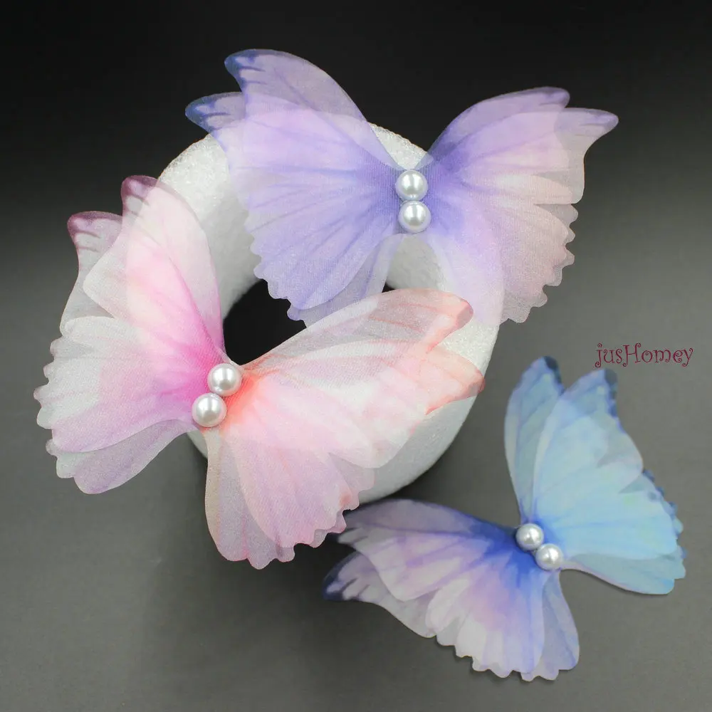 20PCS 11cm Large Butterfly Pink Blue Purple Organza Fabric Butterfly Appliques Translucent for Party Decor, Doll Embellishment