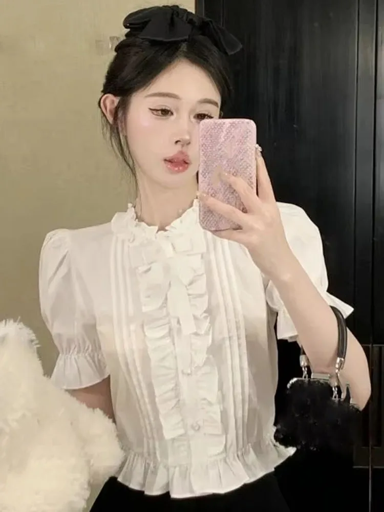 

Puff Sleeve Shirts Women White Ruffles Elegant Summer Vintage Office Lady Aesthetic Mature Sweet Minority Sexy Clothing Daily