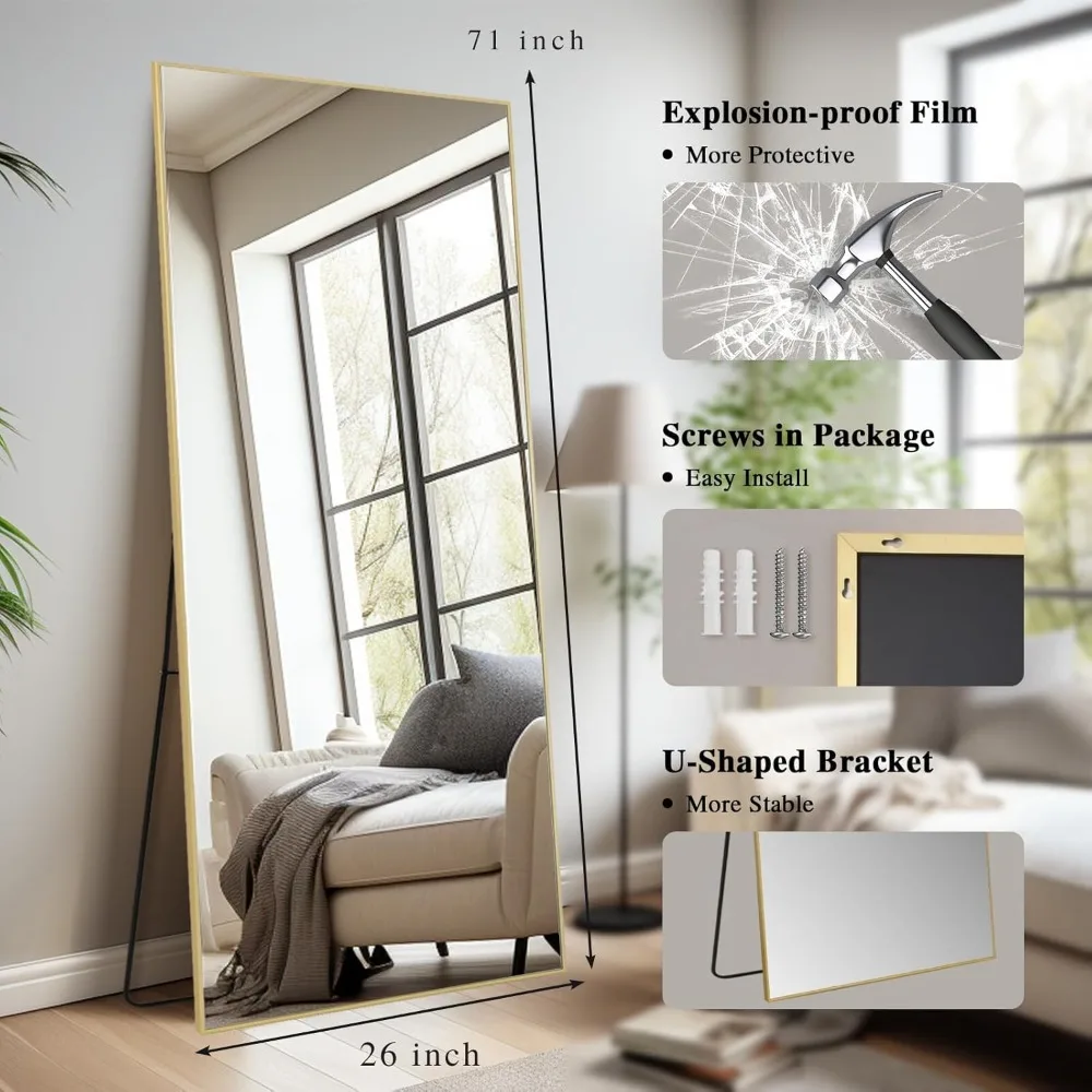 Espelho grande de corpo inteiro com suporte, 26 x 71, retângulo dourado grande, ideal para parede do quarto e vestiário