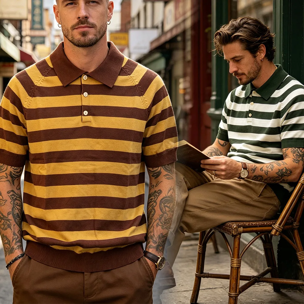 2026 Summer Amikaji New Thick and Heavy Collar Knitted Striped T-shirt Retro Wide Striped Polo Shirt