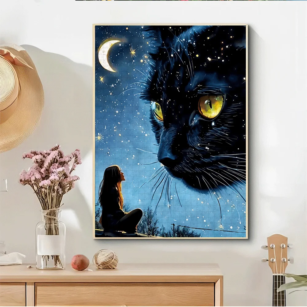 1000pcss Black Cat & Moonlight Puzzle - Large-Scale Jigsaw Puzzle with Crescent Moon, Stars, and Black Cat Design, Challenging