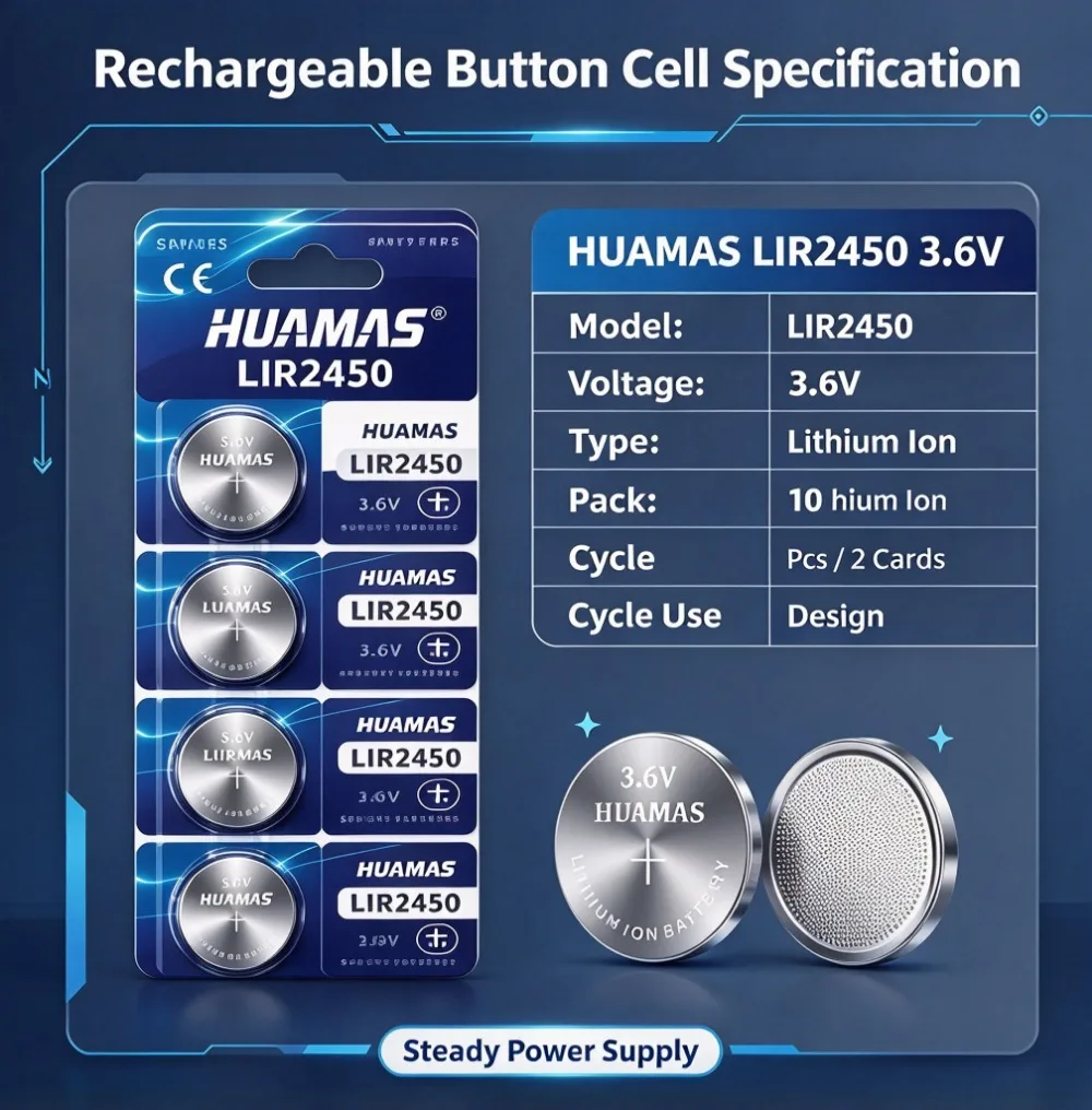 3.6V LIR2450 Rechargeable Lithium Coin Battery Low Self Discharge Button Cell for Various Portable Electronic Equipment