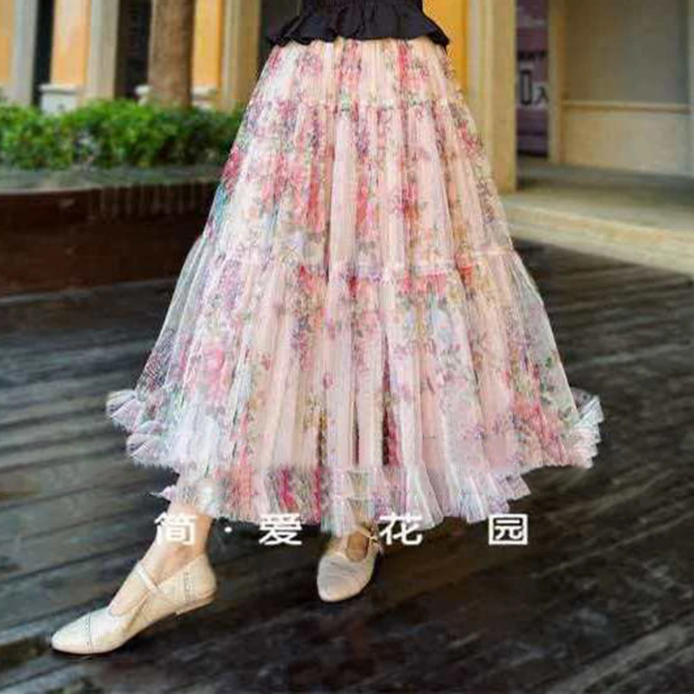 2026 new printed gauze  high waist and thin A word fluffy  medium and long  fairy floral skirt  Regular Fit